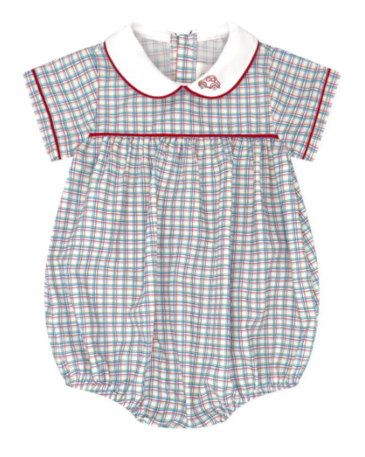Plaid baby romper with a collar on a white background