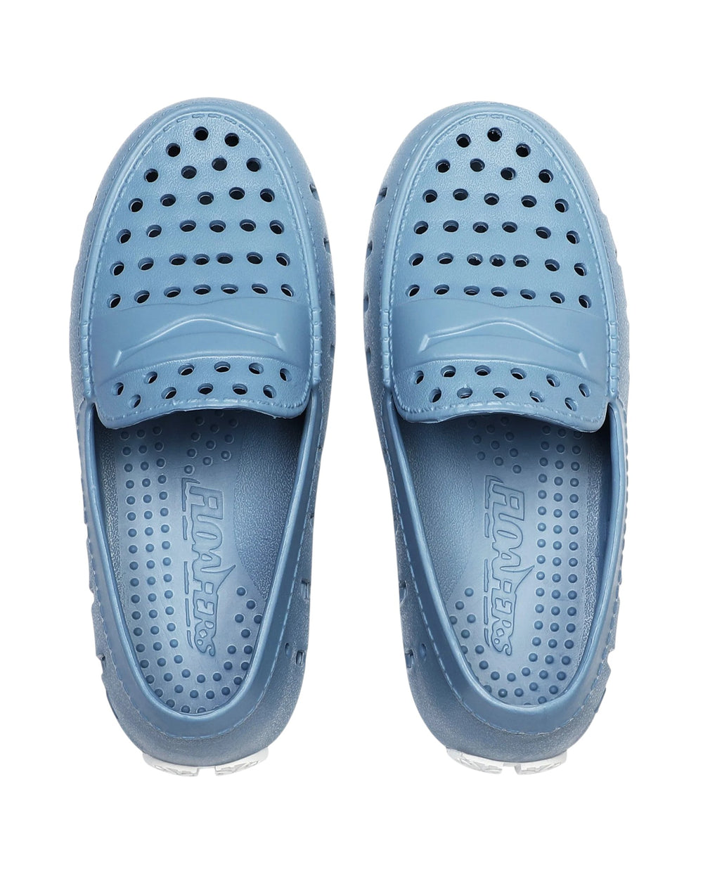 Pair of blue clogs with 'Florsheim' branding on a white background