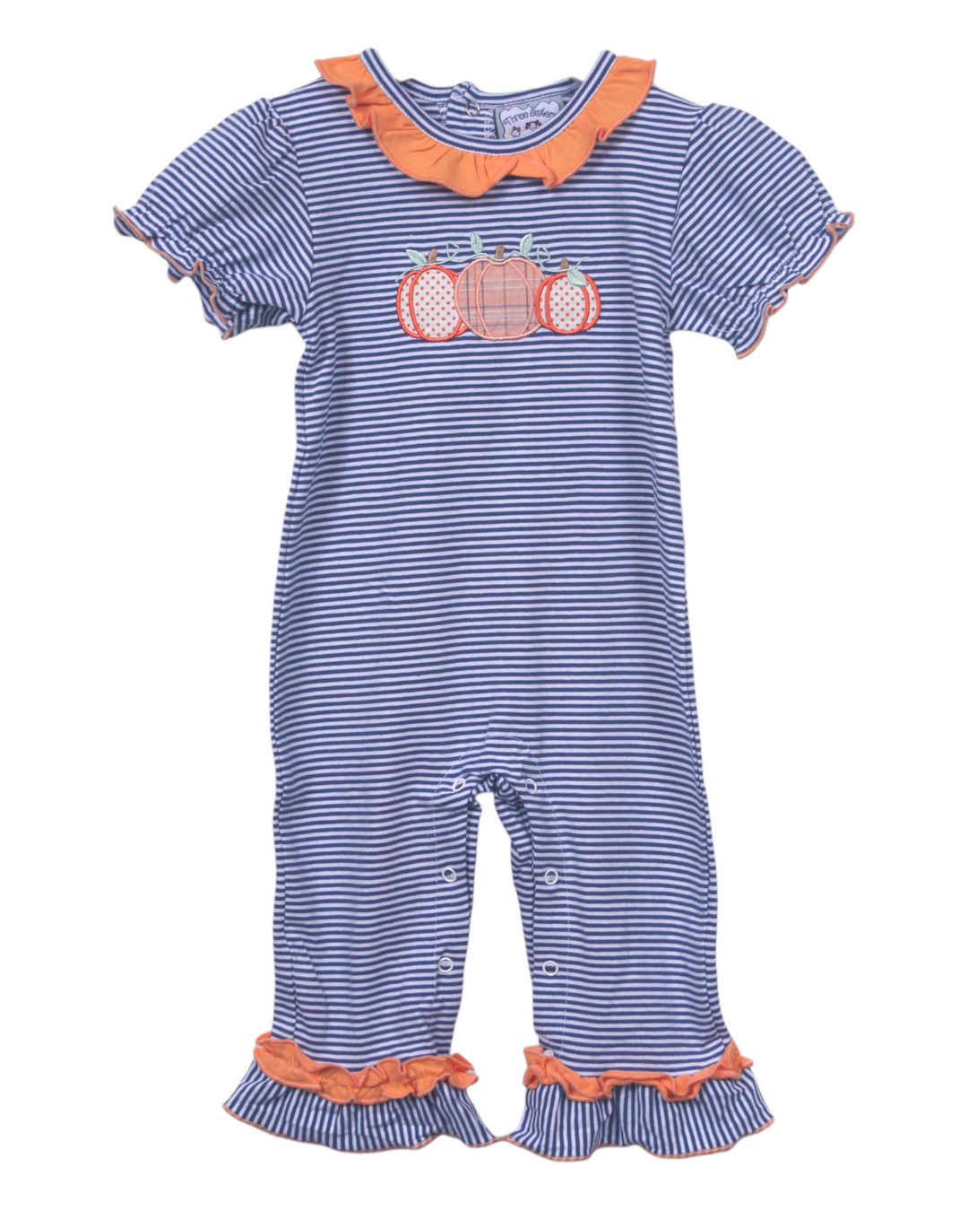 Pumpkin Applique Blue Stripe Girls's Ruffle Romper