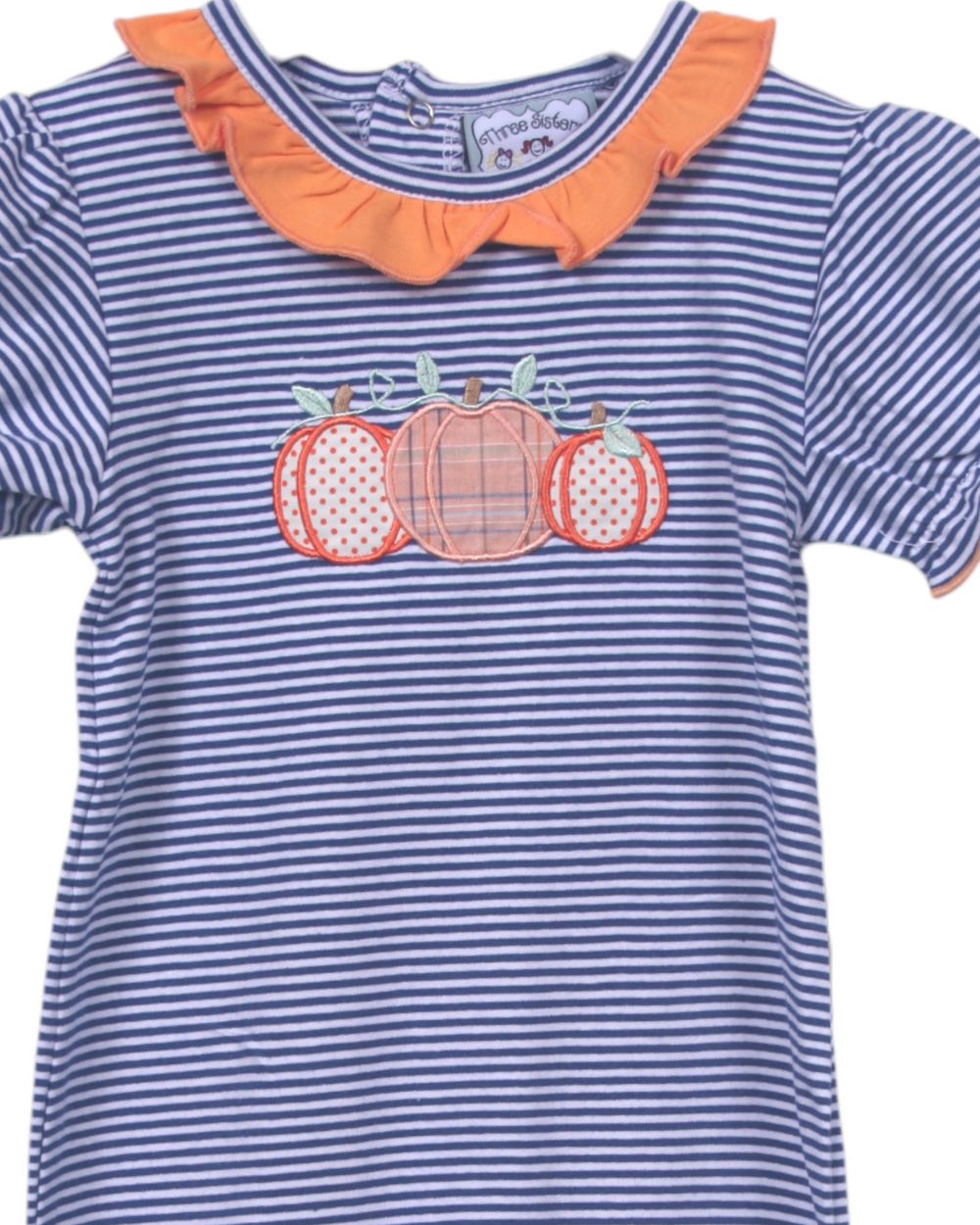 Pumpkin Applique Blue Stripe Girls's Ruffle Romper, close up, That Store