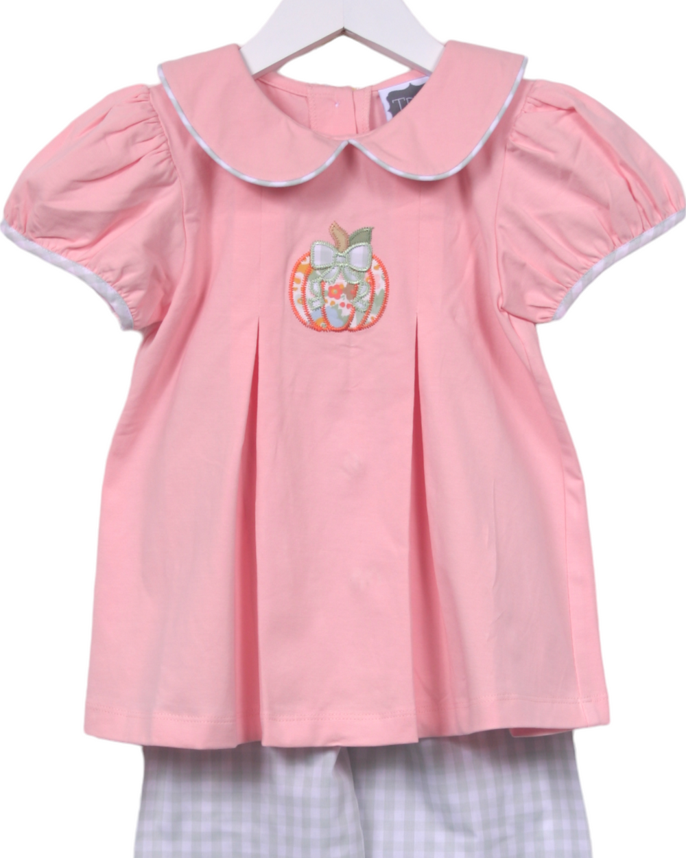 Pumpkin Applique Pink & Green Gingham Ruffle Girl's Pant Set, top