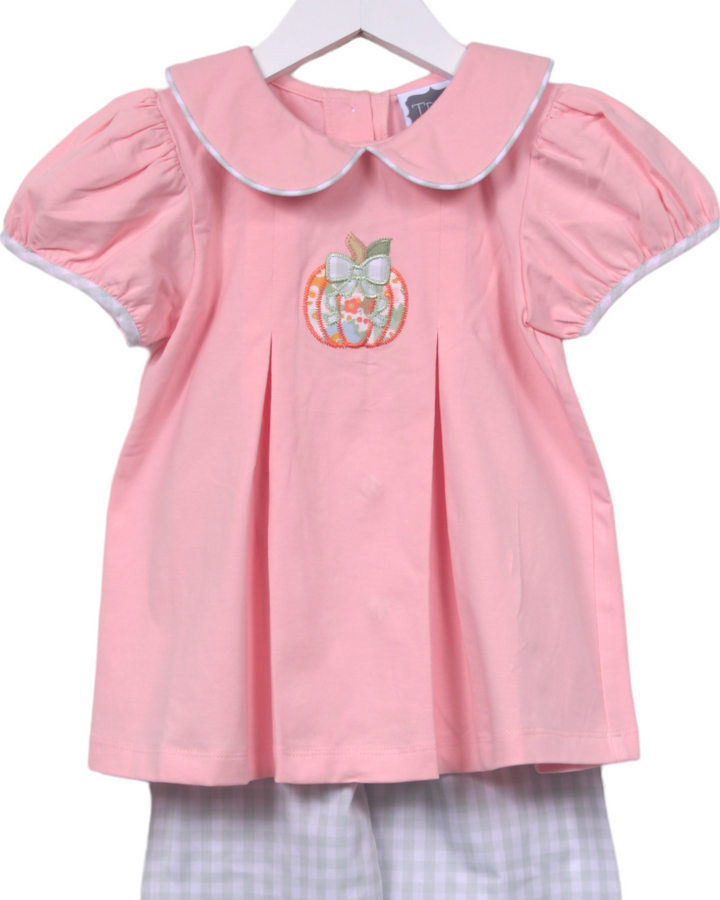 Pumpkin Applique Pink & Green Gingham Ruffle Girl's Pant Set, top