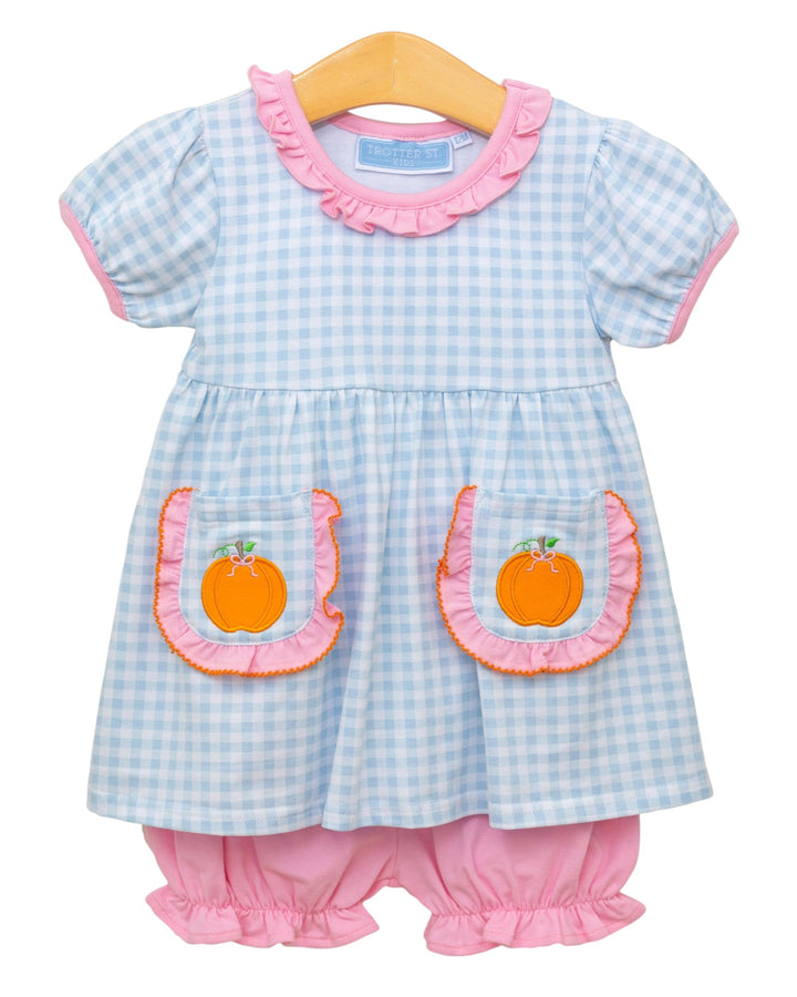 Pumpkin Blue Check Ruffle Girls Bloomer Set