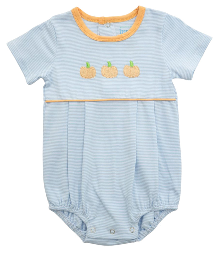 A baby short-sleeve romper in light blue and white micro-stripe fabric, featuring three embroidered orange pumpkins with green stems across the chest and a thin orange horizontal stripe below the chest. The romper has a yellow-orange ribbed crew neck and snap closures at the crotch, that store