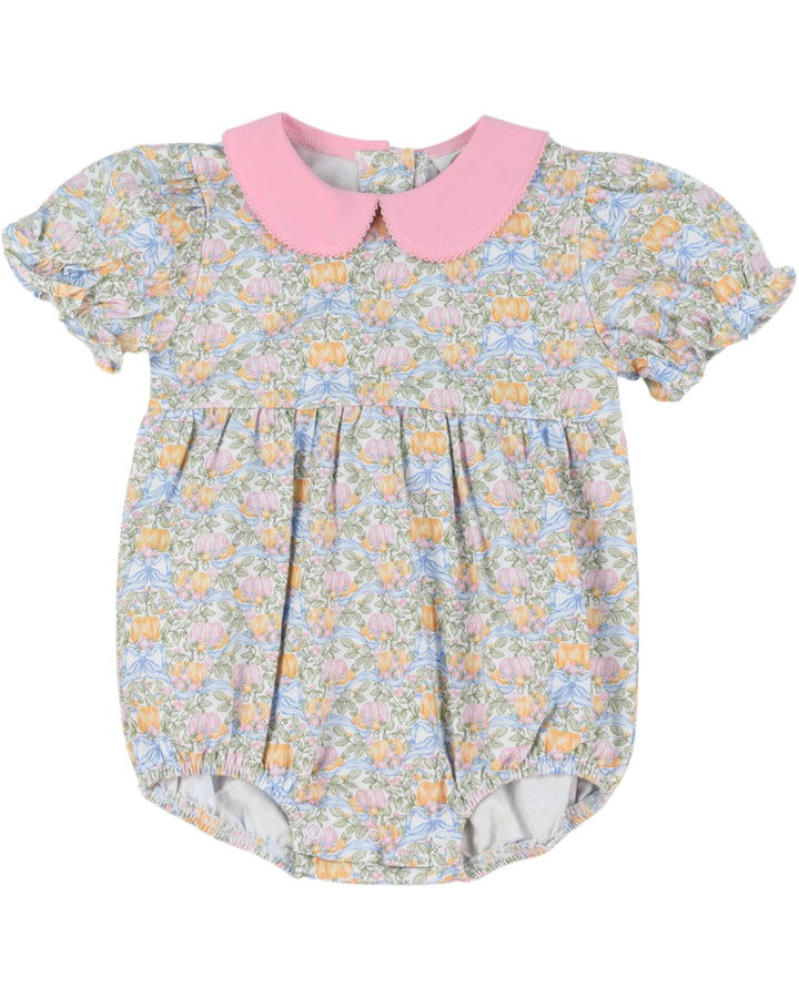 Floral baby romper with pink collar on a white background
