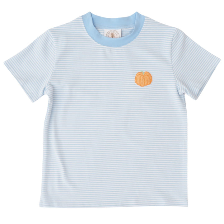 A light blue and white striped short-sleeve t-shirt with a light blue crew neck and a small orange pumpkin graphic on the left chest, shown against a plain white background, that store