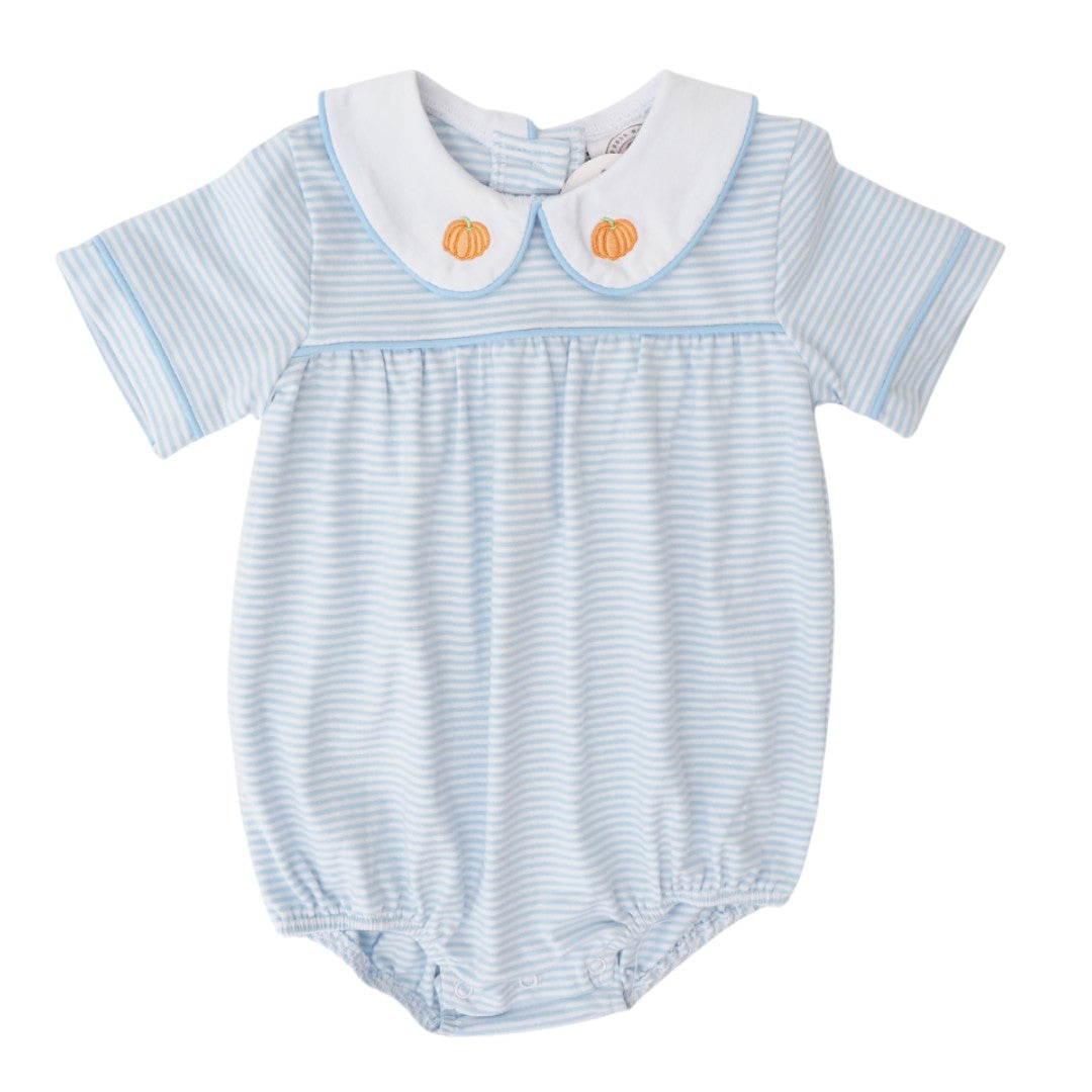 A baby short-sleeve romper with light blue and white stripes, featuring a white Peter Pan collar with two orange pumpkin appliques, shown on a plain white background, that store