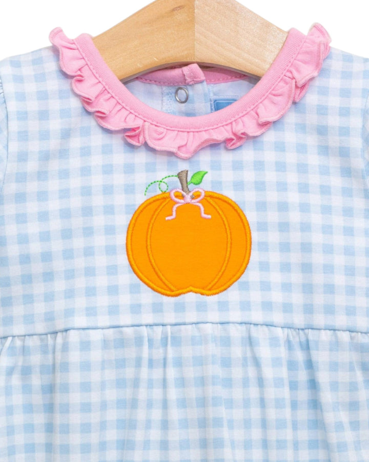 Pumpkin SS Blue Check Girls Ruffle Bubble, That Store, close