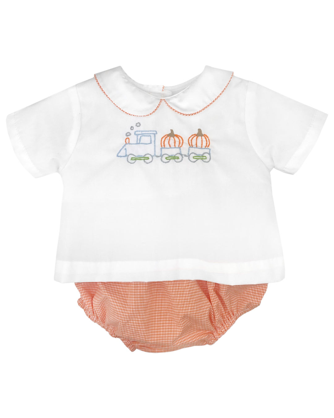 Baby outfit with white top and orange checkered bloomers on a white background