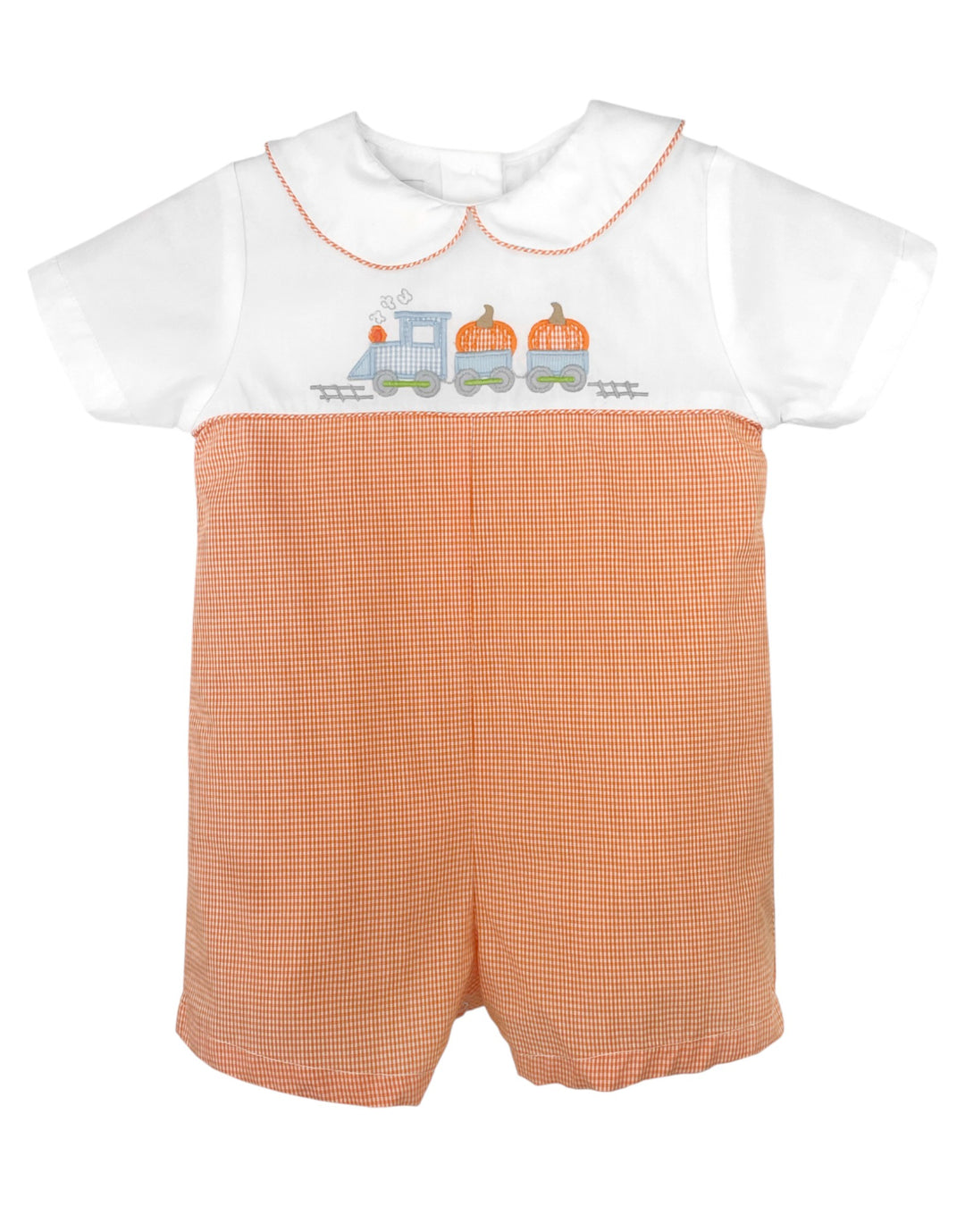 Baby romper with white shirt and orange checkered shorts on a white background