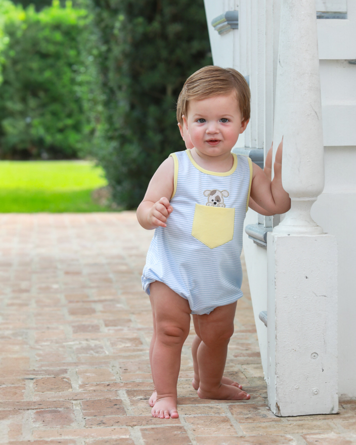 Puppy Paws Appliqué Yellow/Blue Stripe Boys Bubble