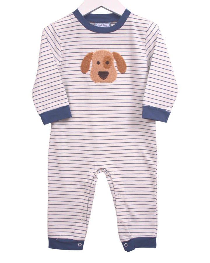 A baby long-sleeve footless one-piece romper with thin navy and white horizontal stripes, featuring a brown dog face applique on the chest and navy blue trim at the collar, cuffs, and hems, that store