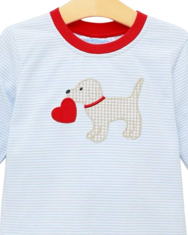 Puppy Love Appliqué Blue Stripe Boys Pants Set, That Store, close