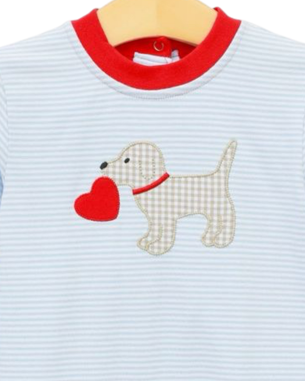 Puppy Love Appliqué  Blue Stripe Boys  Romper, That Store, close