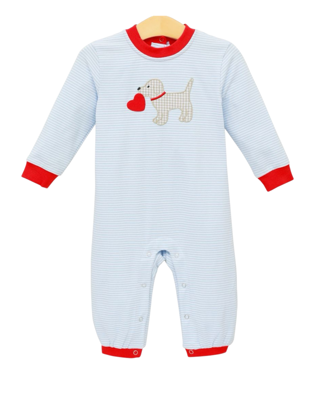 Puppy Love Appliqué  Blue Stripe Boys  Romper, That Store, front