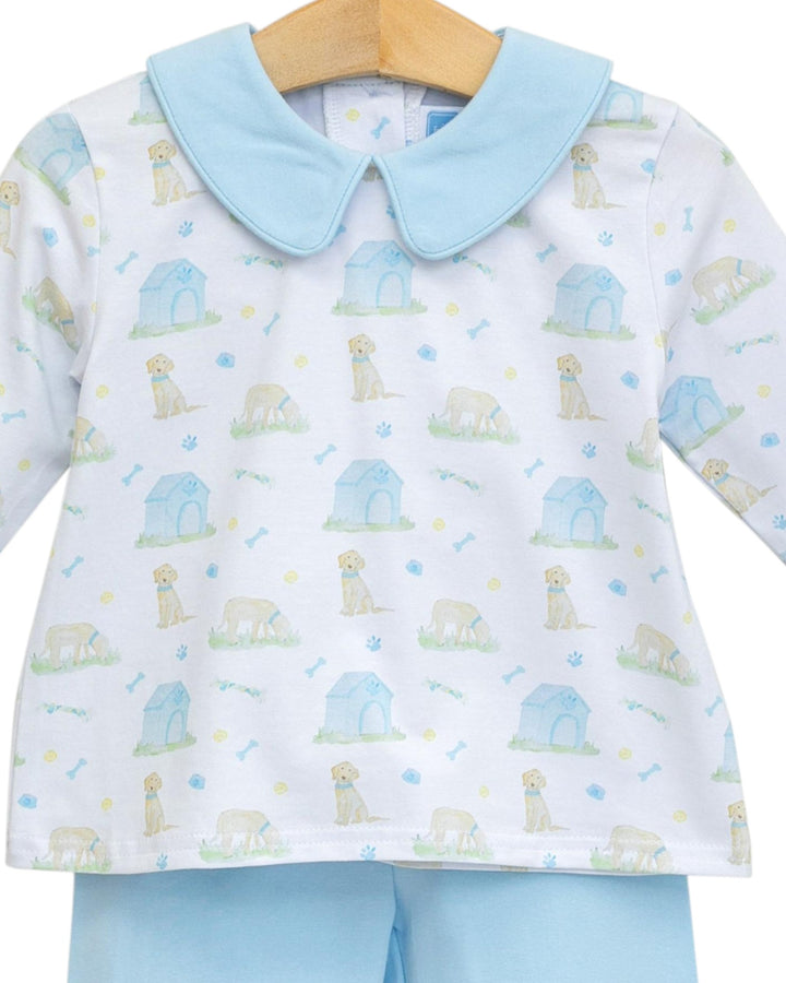 Baby outfit with long-sleeve shirt and pants featuring dog print on a white background