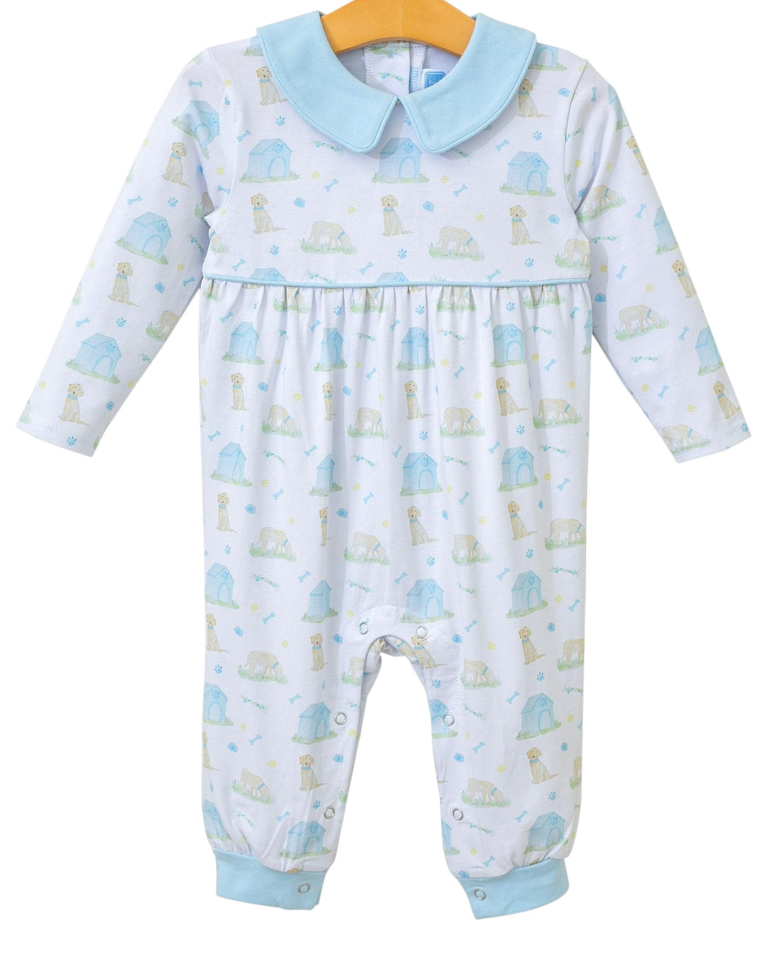 Baby romper with blue collar and animal pattern on a white background