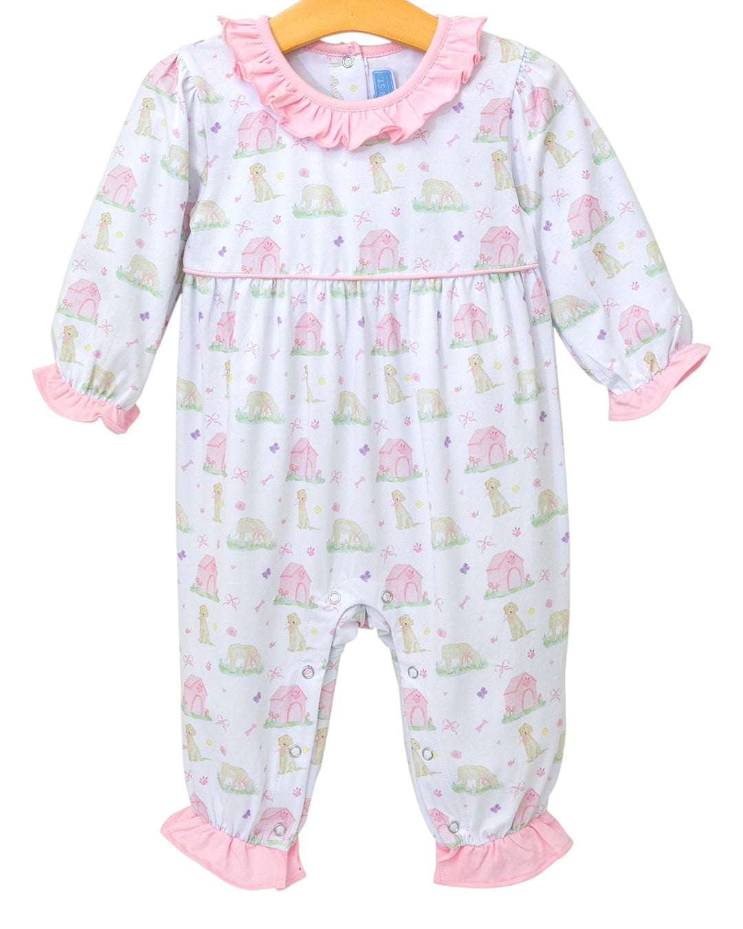 Baby romper with animal pattern and pink ruffles on a white background