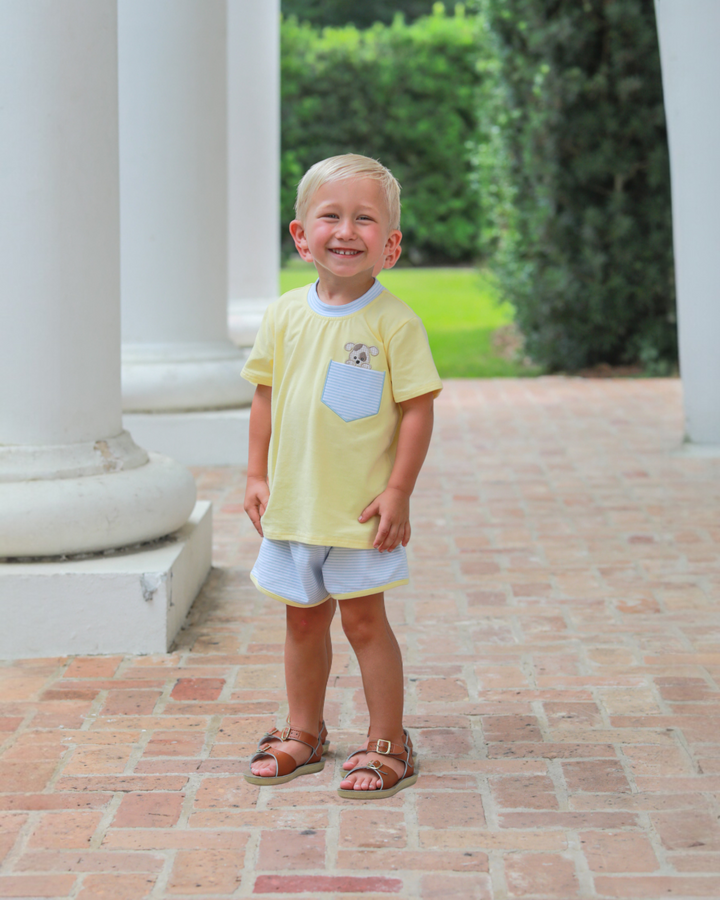 Puppy Paws Appliqué Boys Yellow/Blue Stripe Short Set *PRE-ORDER