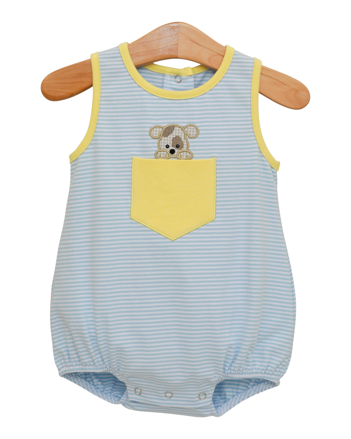 Baby romper with striped pattern and yellow pocket on a hanger