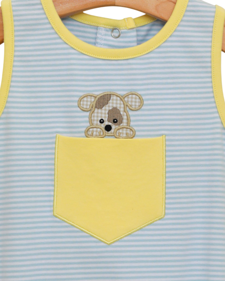 Puppy Paws Appliqué Boys Yellow/Blue Stripe Jon Jon *PRE-ORDER