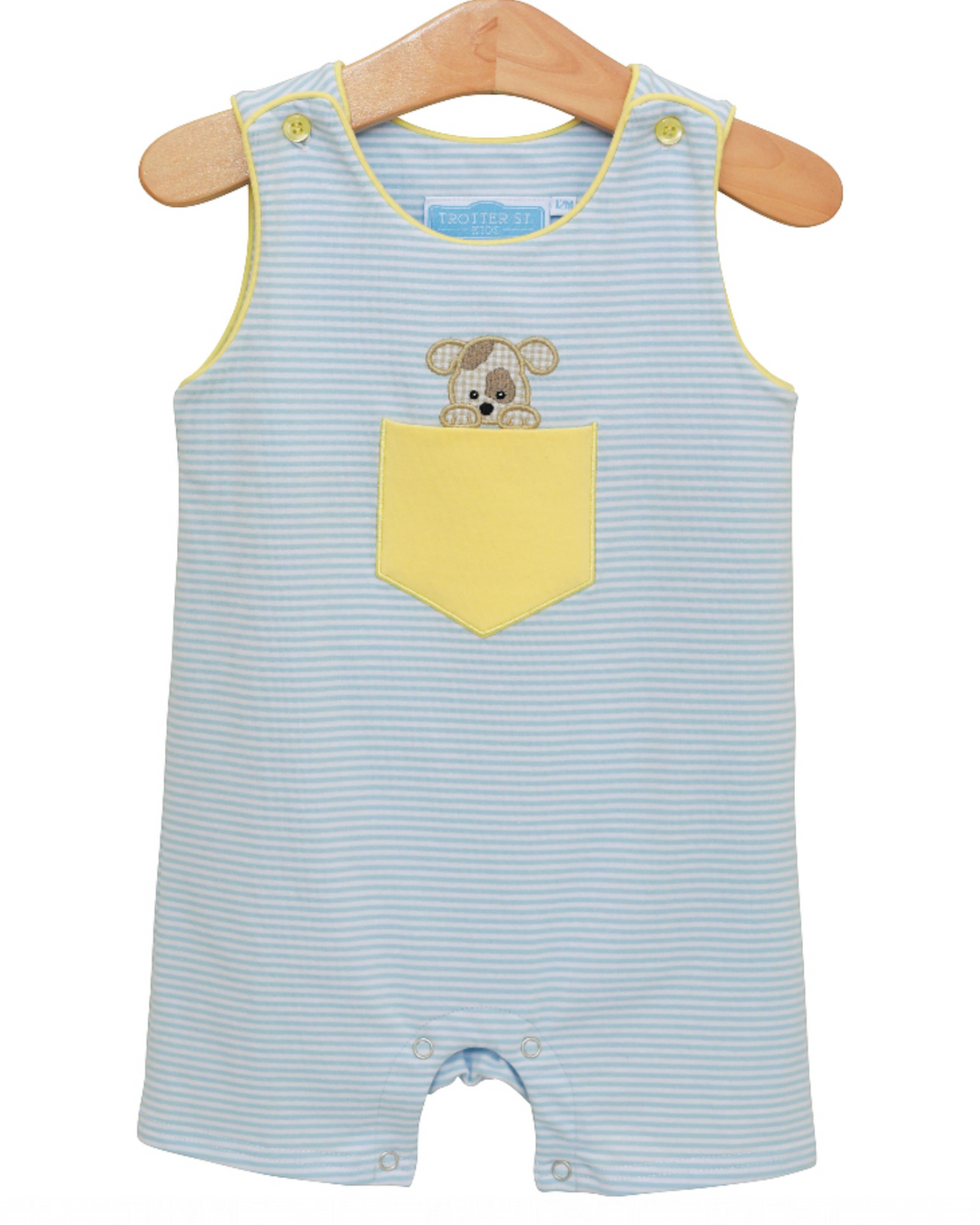 Baby romper with teddy bear design on a hanger against a white background