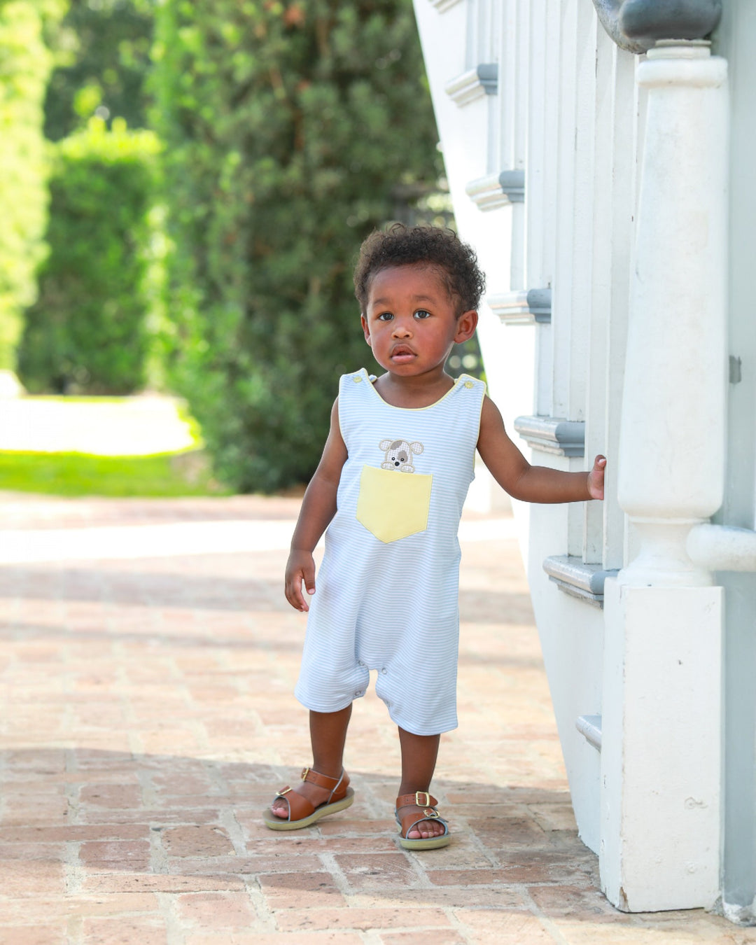 Puppy Paws Appliqué Boys Yellow/Blue Stripe Jon Jon