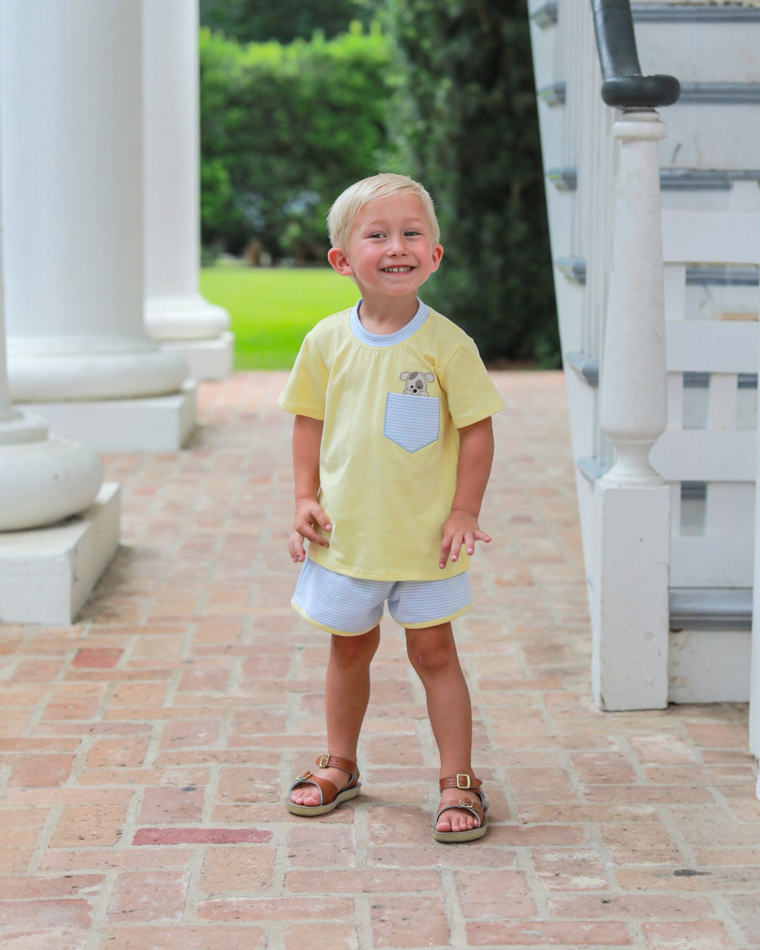 Puppy Paws Appliqué Boys Yellow/Blue Stripe Short Set