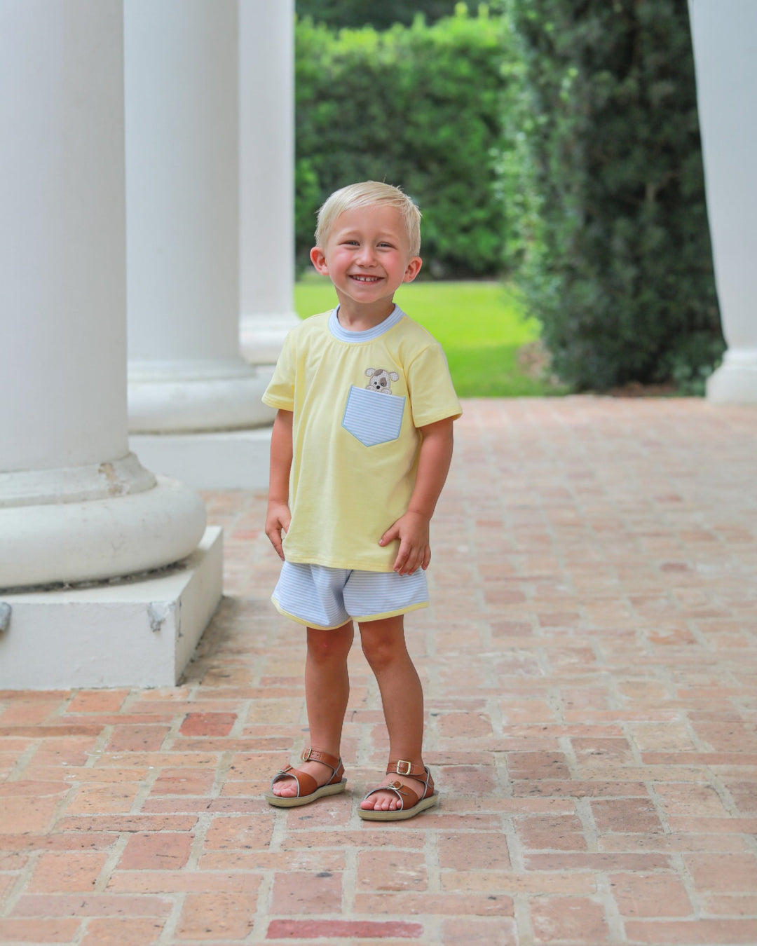 Puppy Paws Appliqué Boys Yellow/Blue Stripe Short Set