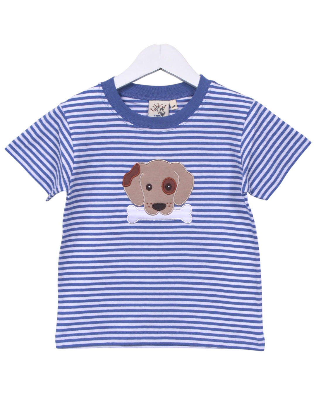Blue and white striped t-shirt with a dog design on a white background