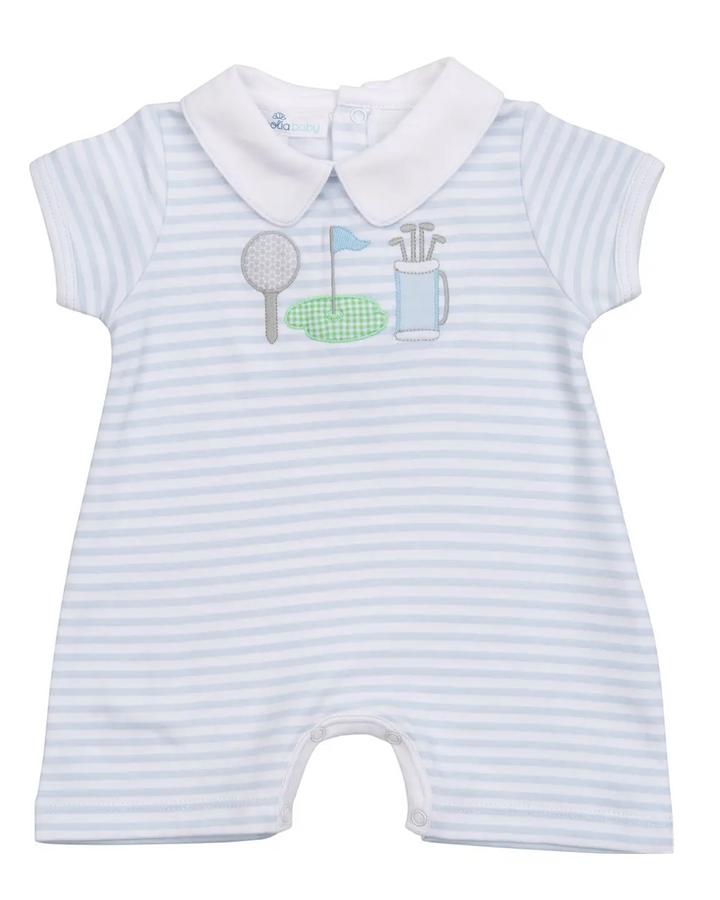 Putting Green Applique Collared Short Playsuit - Light Blue, That Store, front