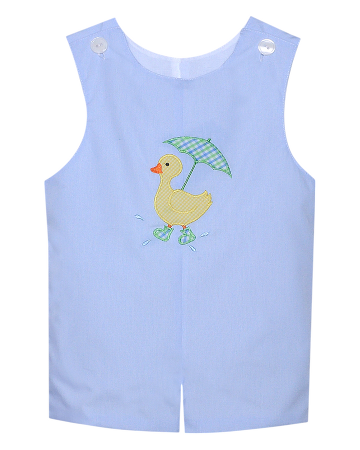 Rainy Duck Applique Blue Boys Shortall, That Store, front