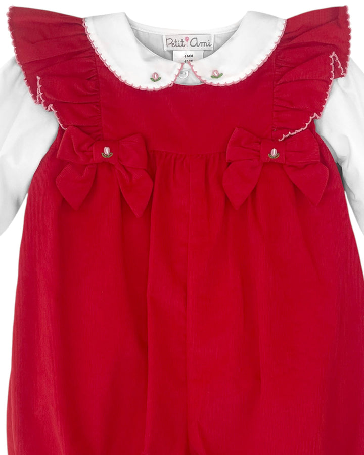 Red Corduroy Girls Long Ruffle Bow Romper Set