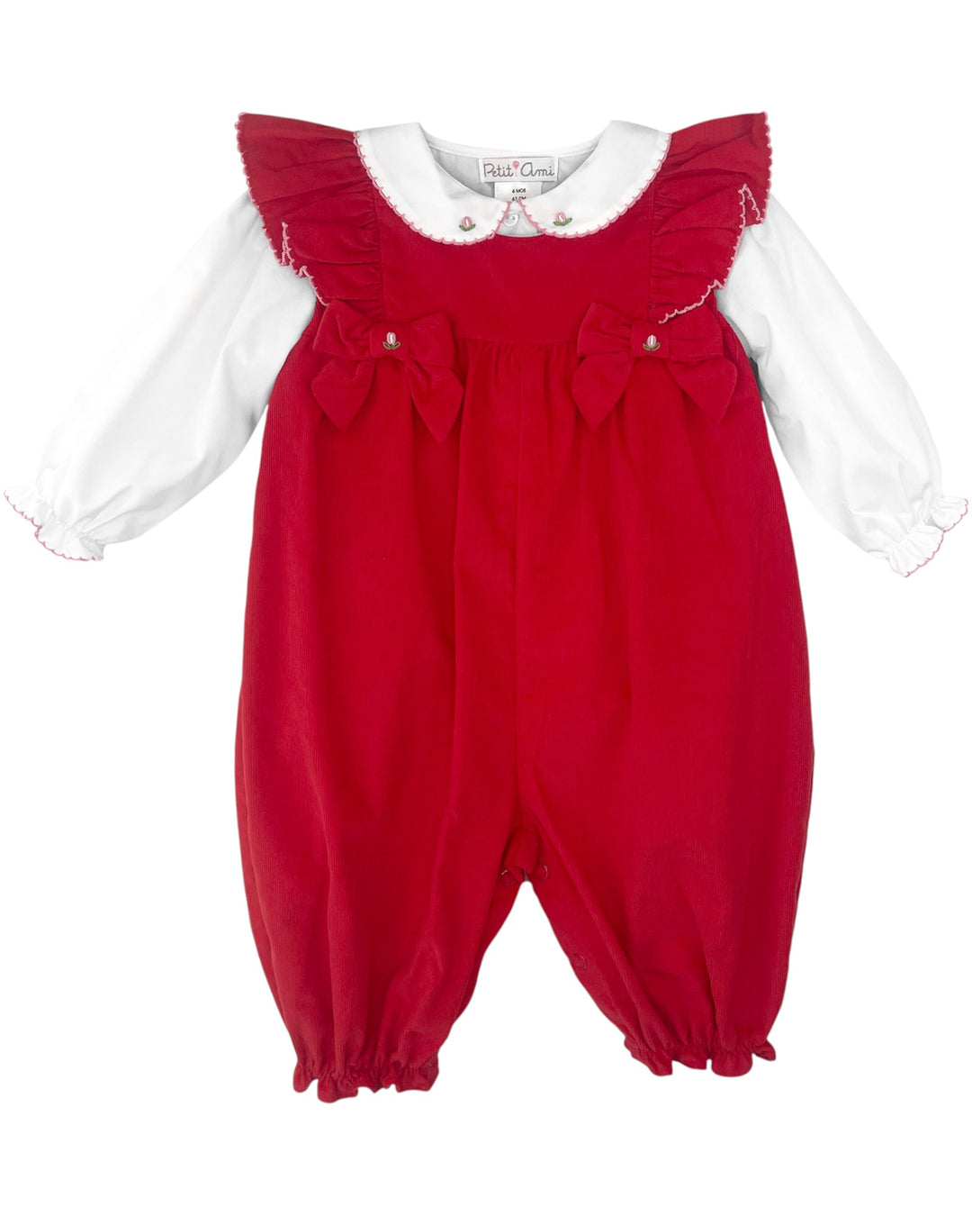 Red baby romper with white shirt on a white background