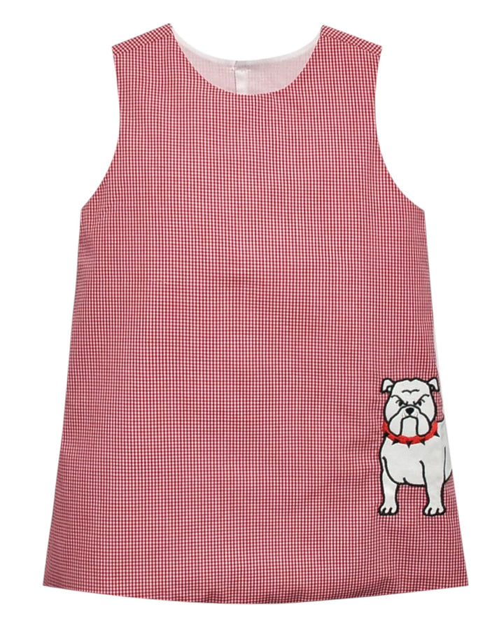 Red checkered dress with a bulldog design on a white background