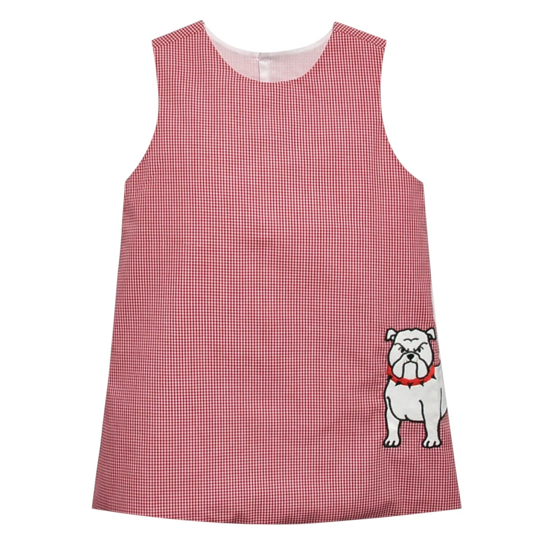 Red checkered dress with a bulldog design on a white background