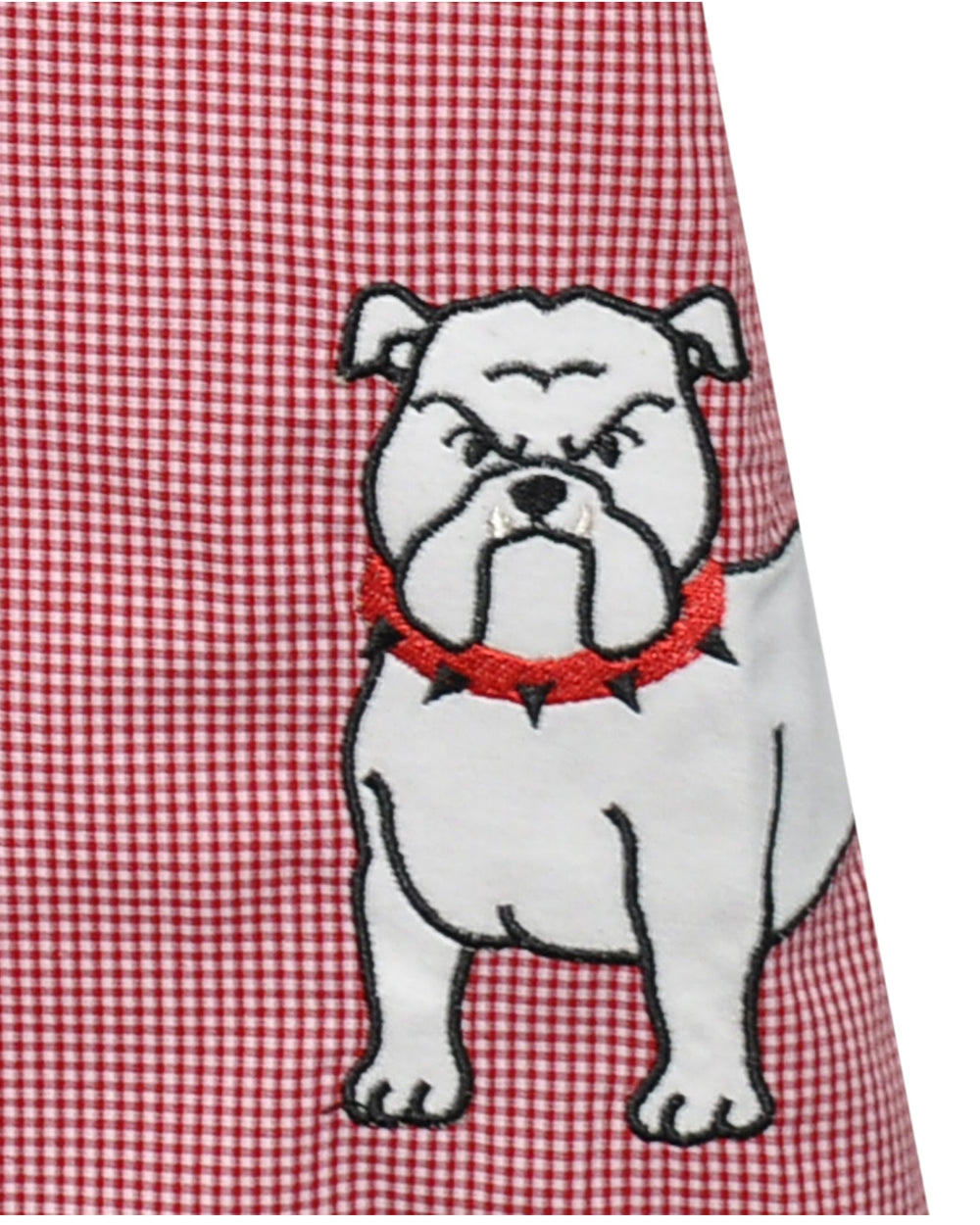 Embroidered bulldog design on a red and white checkered fabric
