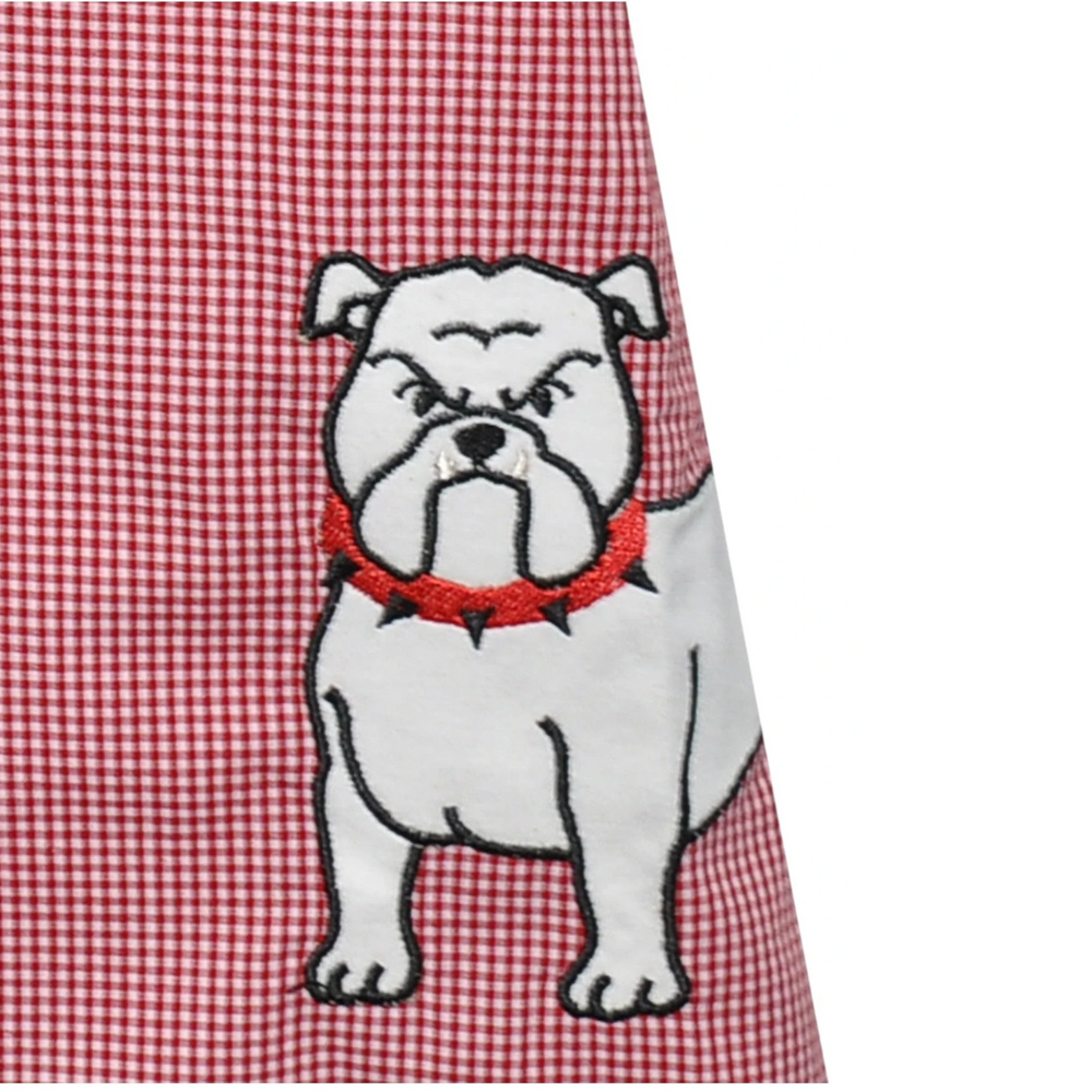 Embroidered bulldog design on a red and white checkered fabric