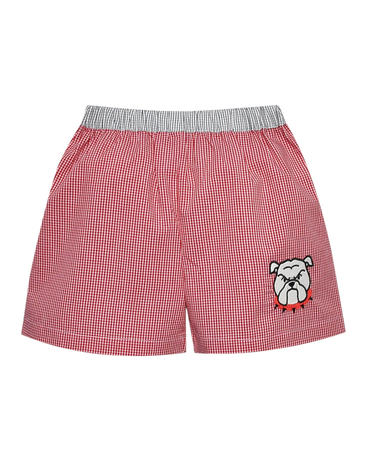 Red checkered boxer shorts with a bulldog design on a white background