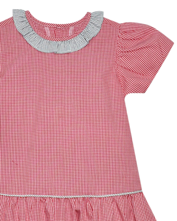 Red checkered dress with a gray collar on a white background