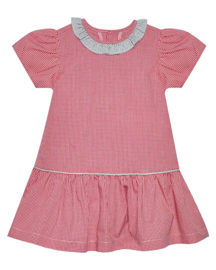 Red checkered dress with gray collar on a white background