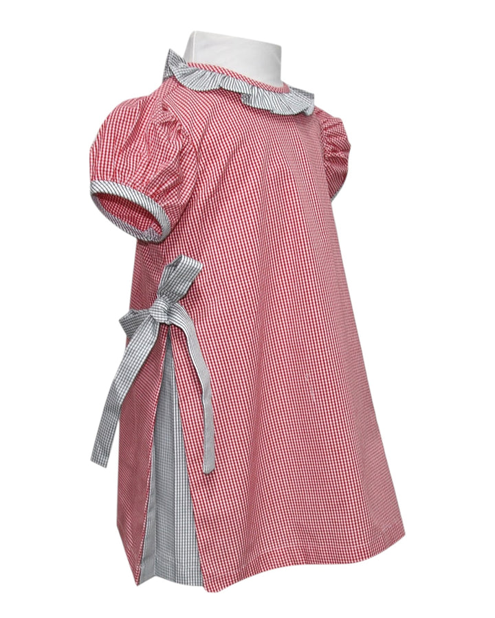 Red checkered dress with gray trim on a white background
