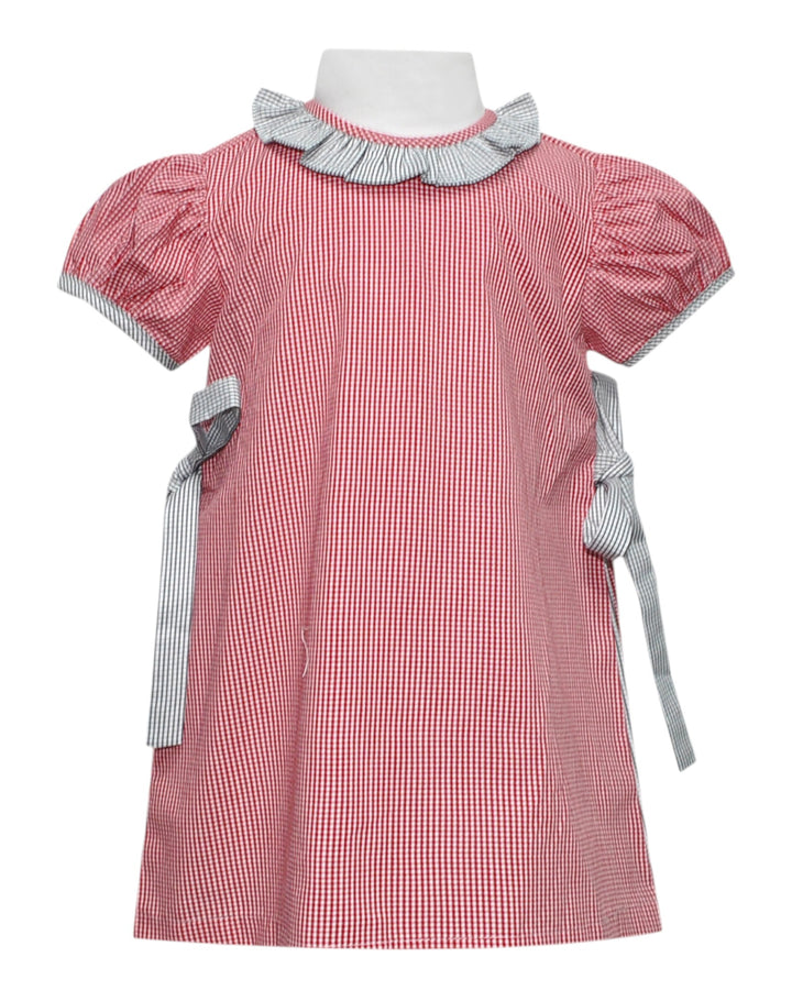 Red checkered dress with gray ruffled collar and cuffs on a white background