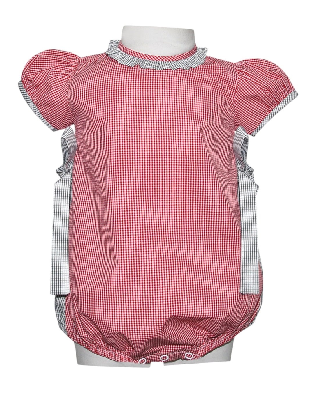 Red checkered baby romper with ruffled sleeves and bottom on a white background