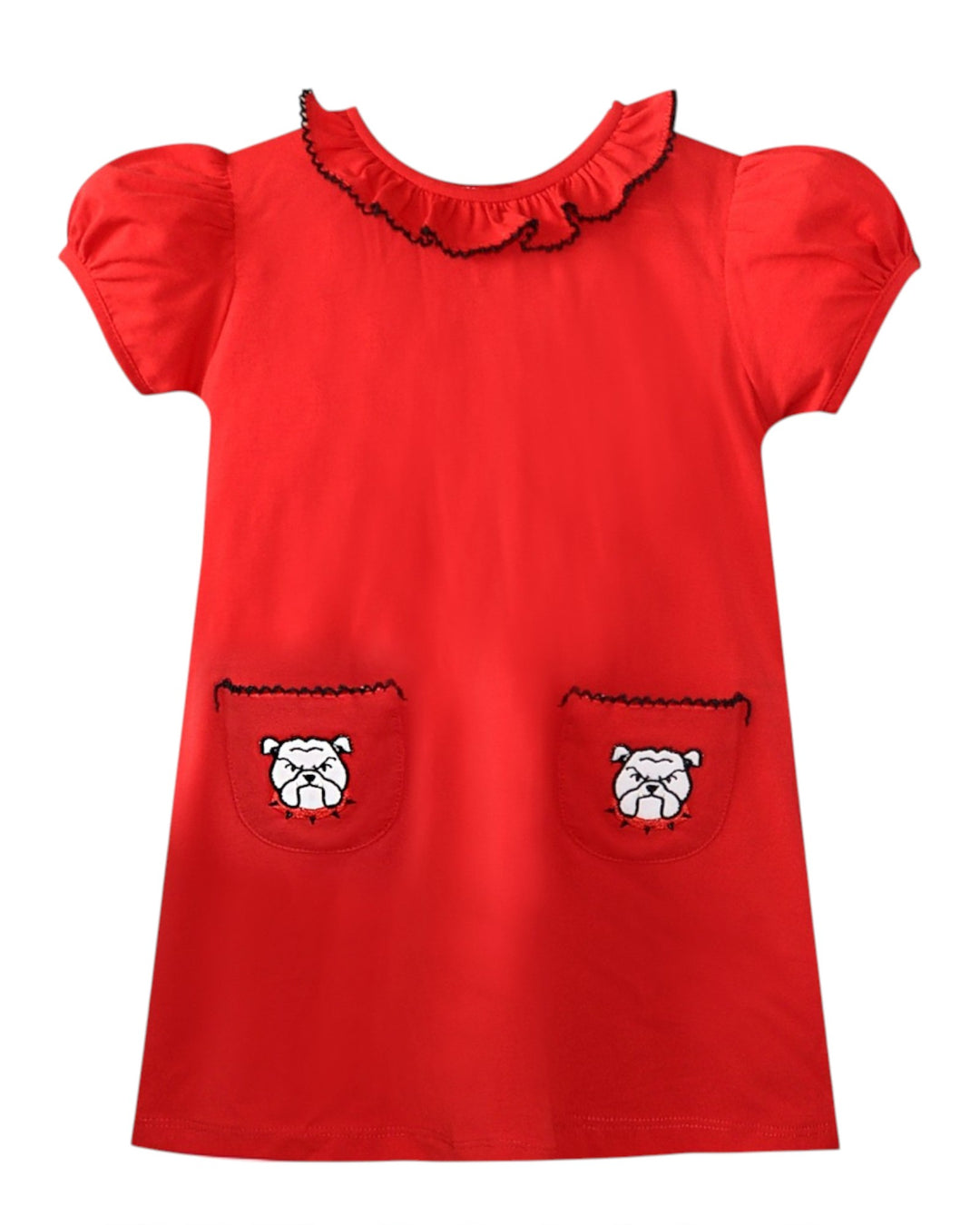 Red dress with bulldog patches on a white background
