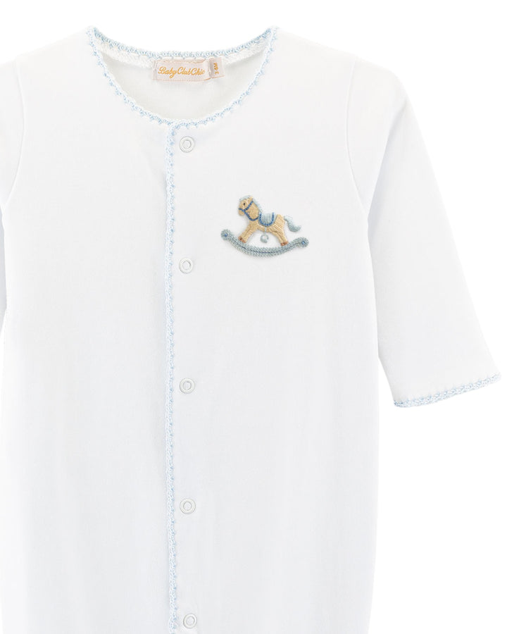 Rocking Horse Embroidered Blue Crochet Boys Footie, That Store, close