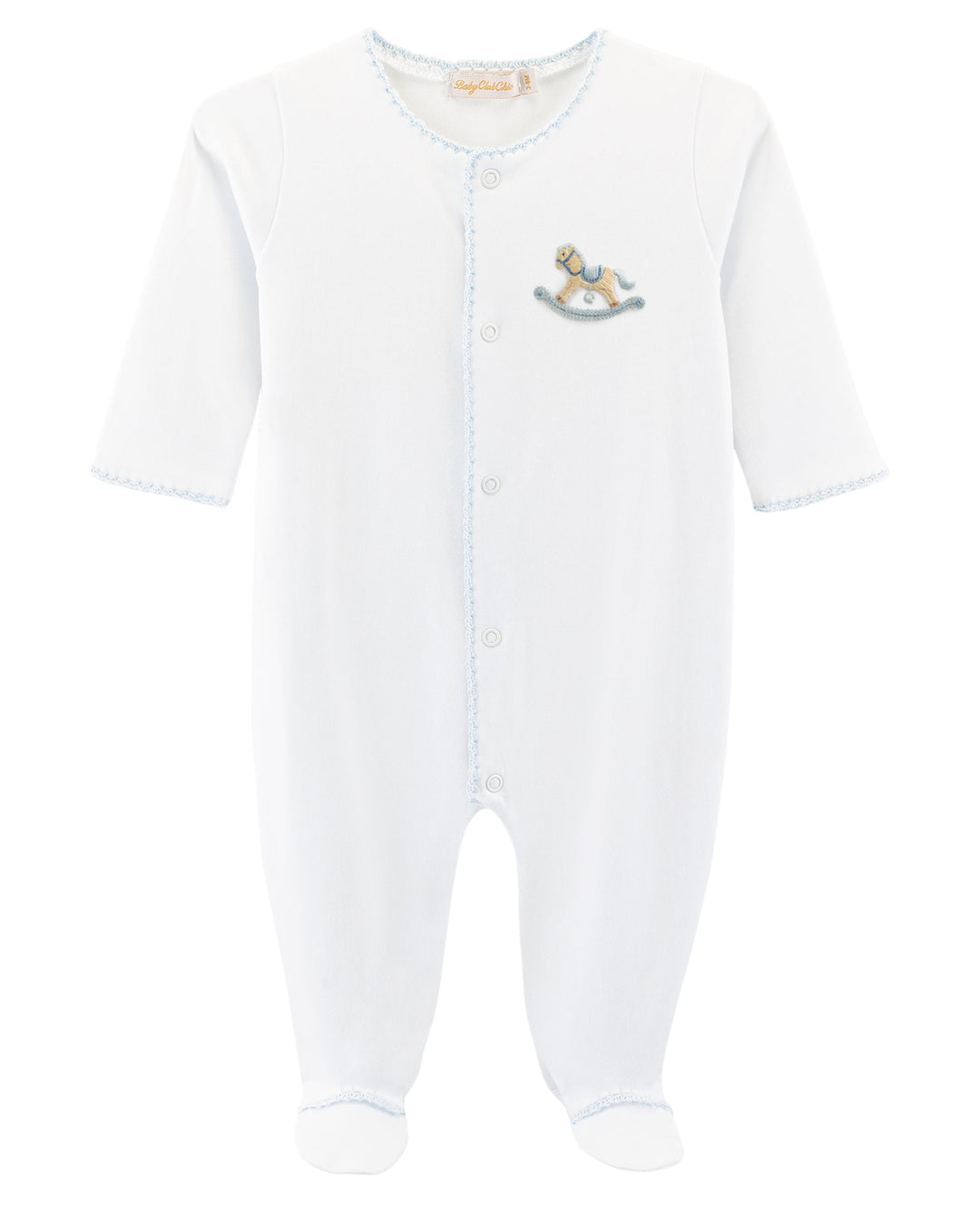 Rocking Horse Embroidered Blue Crochet Boys Footie, That Store, front