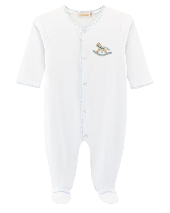 Rocking Horse Embroidered Blue Crochet Boys Footie, That Store, front