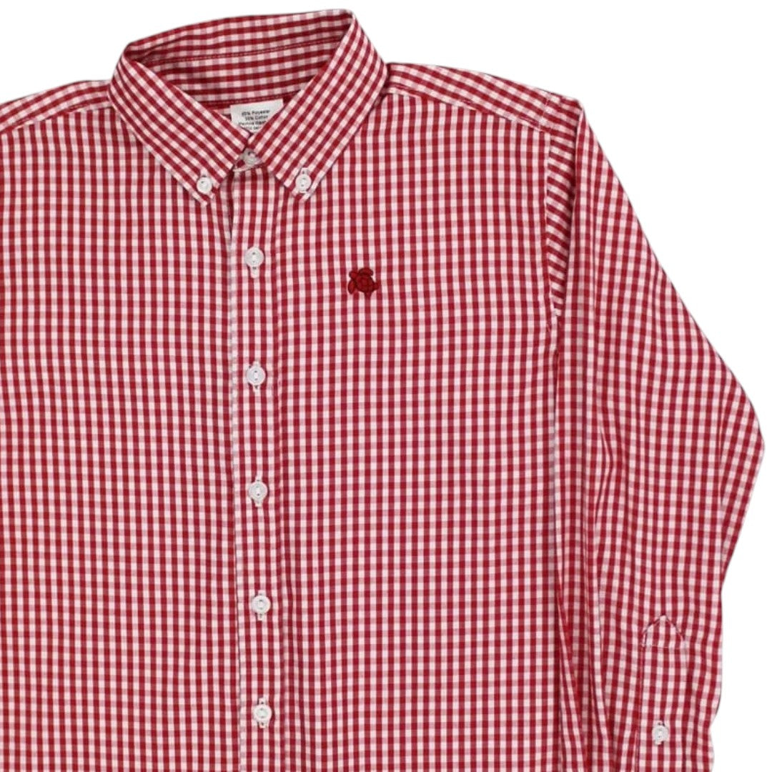 A red and white gingham long-sleeve button-down shirt with a small embroidered red logo on the left chest, displayed on a white background, that store