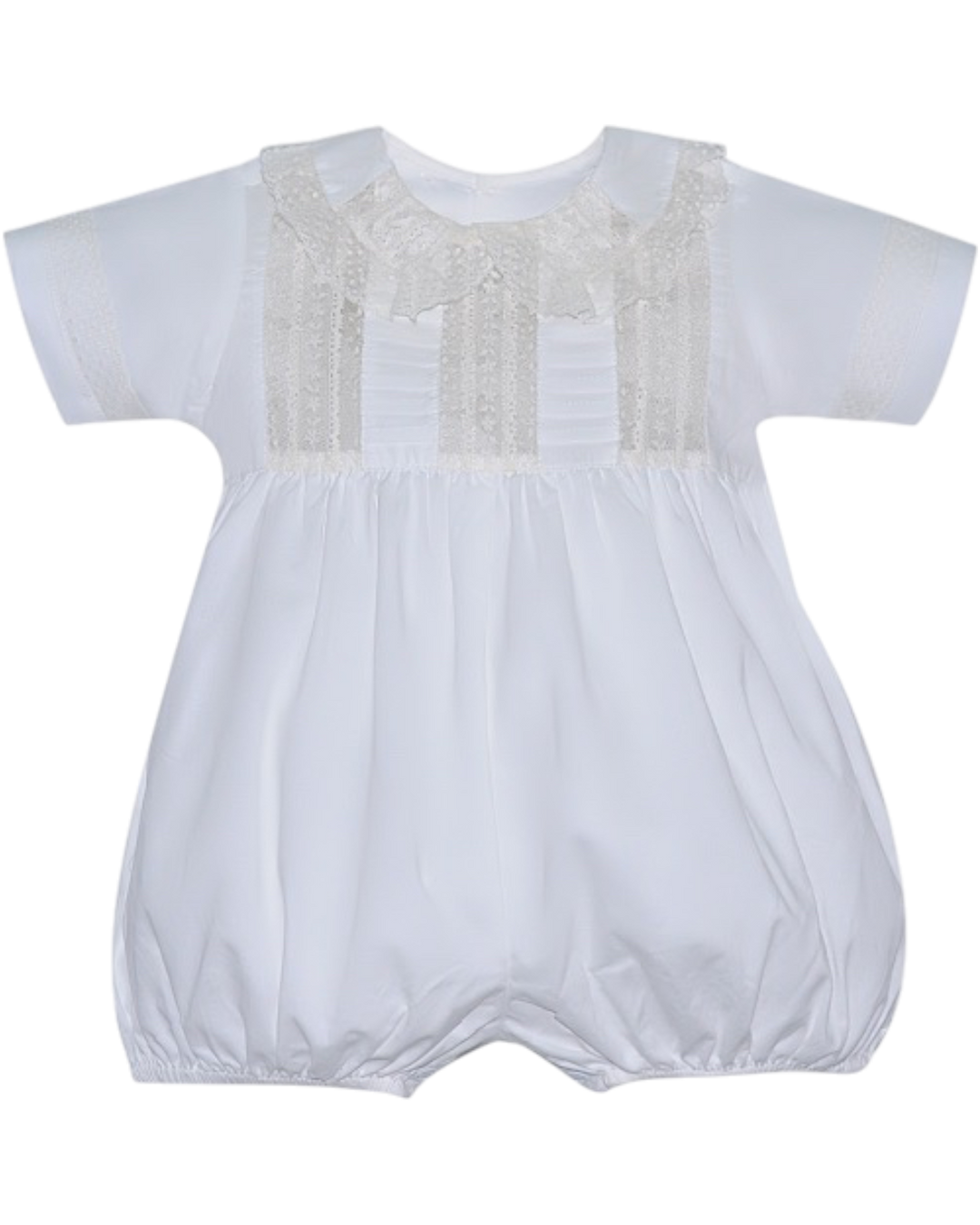White baby romper with lace detailing on a white background